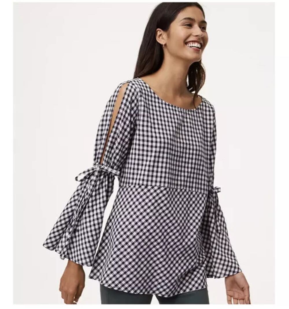 LOFT Blouse Top Plaid Gingham Check Boho Bell Sleeves Black White L Cottage Core